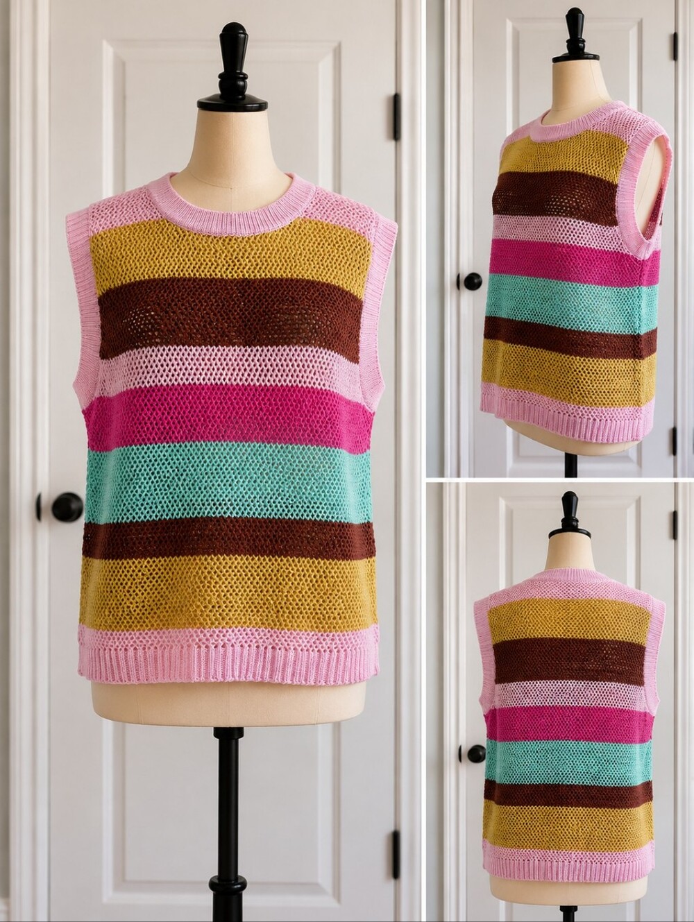 Retro Striped Crochet Knit Sweater Vest Size Small Pink Green Brown